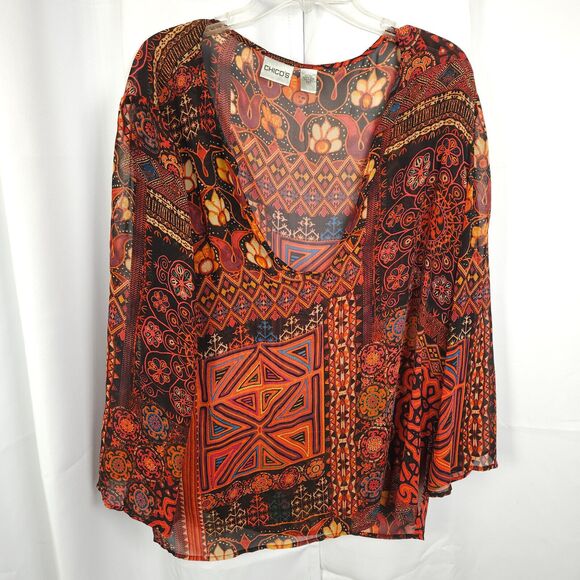Chico's 3 Womens 16 Colorful Floral Sheer Scoop Neck 100% Silk Blouse Shirt Top - Picture 1 of 6